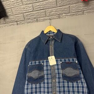 Western Cowboy Mens Large Denim Plaid Mixed Media Button Down Shirt Blue New